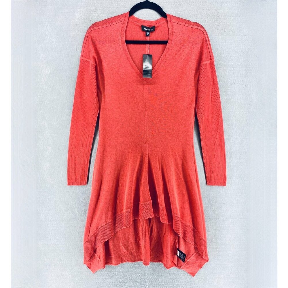 Bebe Sweater Dress Womens S Orange Silk Cashmere Ruffle Midi Costal Boho NWT